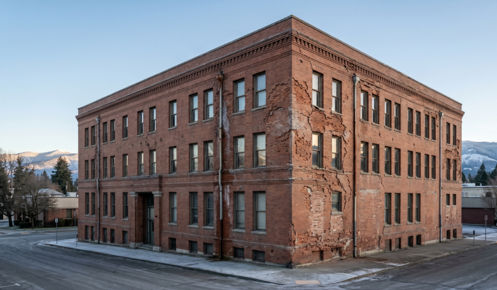 A large, old brick building with visible cracking and crumbling on one corner stands on a quiet street with snowy sidewalks and mountain scenery in the background.