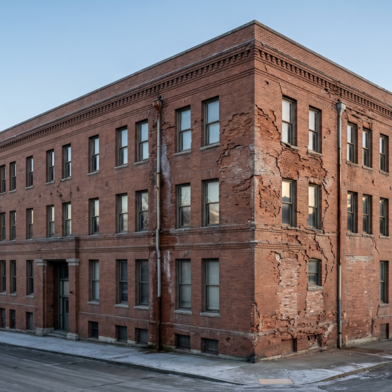 A large, old brick building with visible cracking and crumbling on one corner stands on a quiet street with snowy sidewalks and mountain scenery in the background.