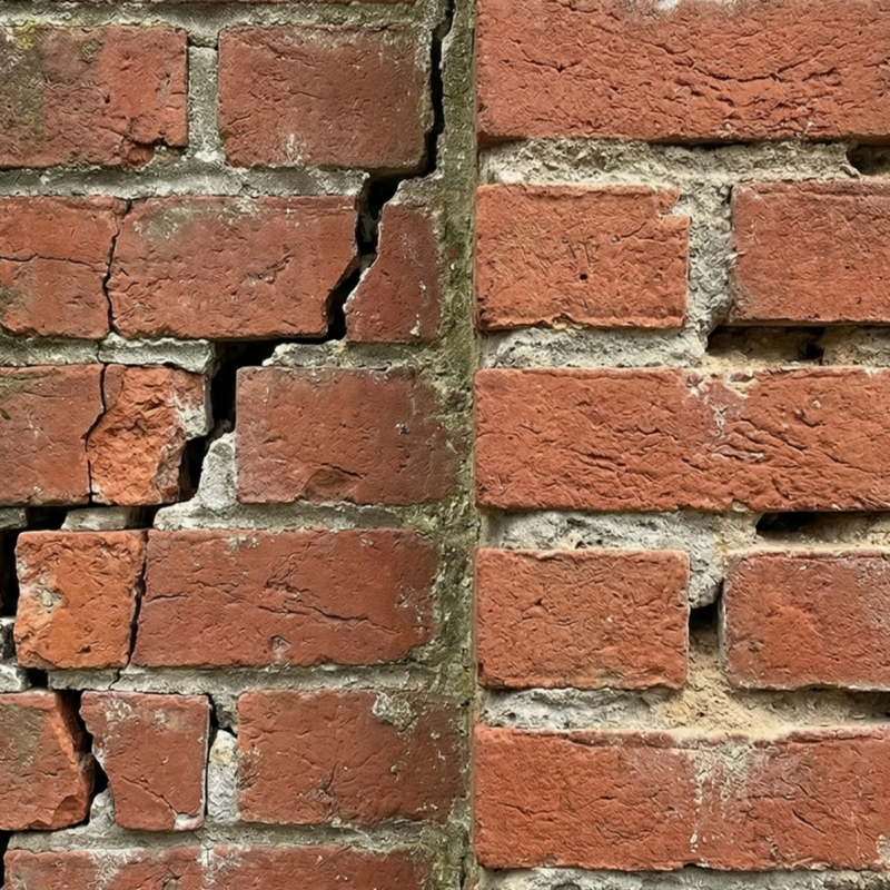 A close-up of a brick wall shows a large vertical crack running through the left side, with the bricks separated and misaligned, while the right side appears intact and stable. Trees and buildings are blurred in the background.