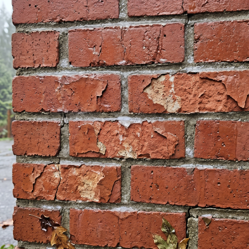 A close-up of a red brick wall with patches of chipped and peeling paint. The wall is outdoors, with wet pavement and blurred trees in the background on a cloudy day.