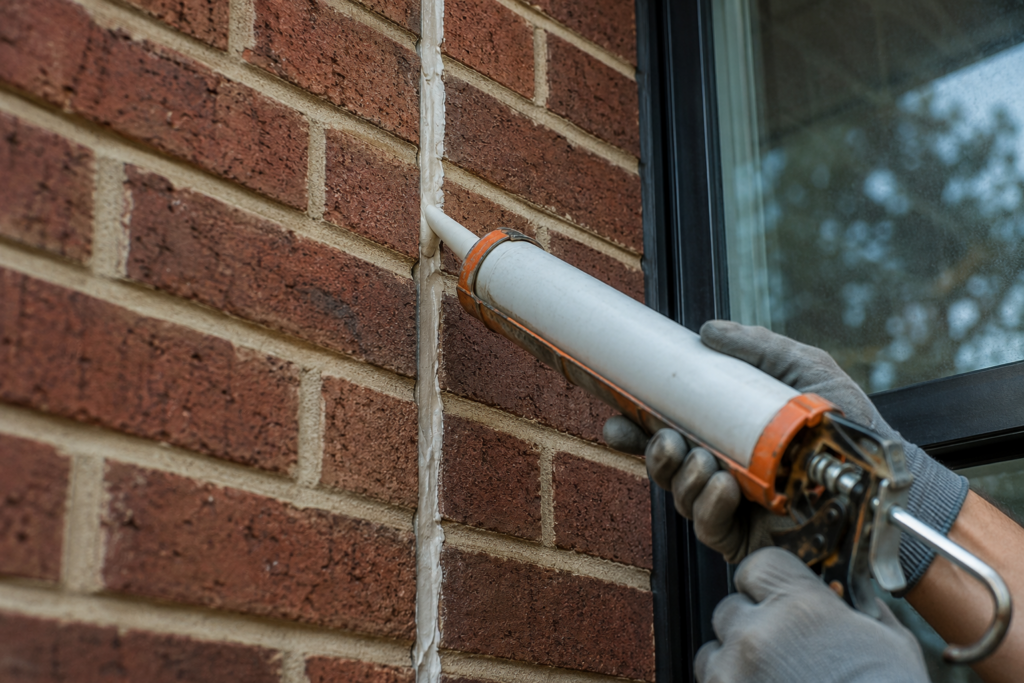A person wearing gray gloves uses a caulking gun to apply sealant to a vertical joint in a brick wall near a window.