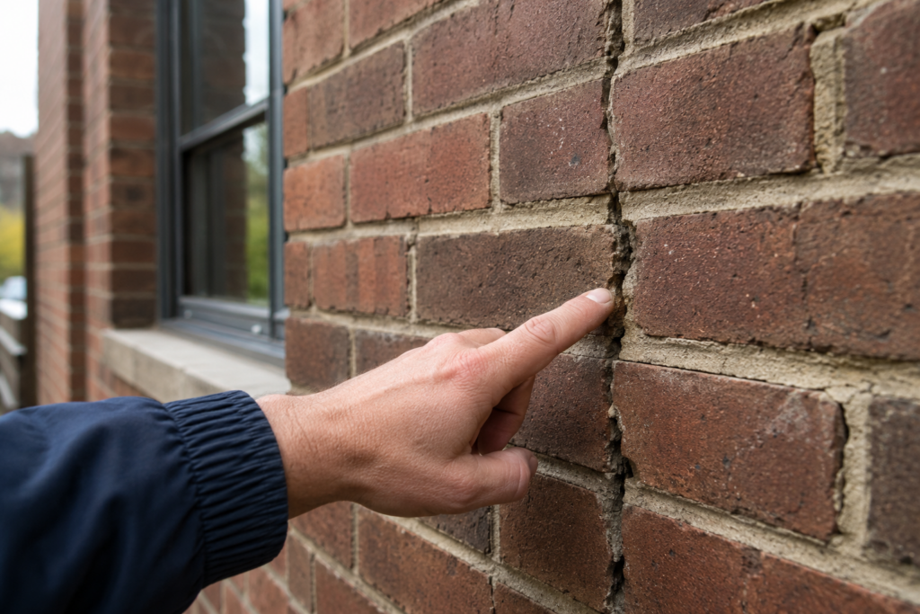 A person’s hand points at a deep vertical crack in the brick wall of a building near a window. The damage runs along the mortar between the bricks.