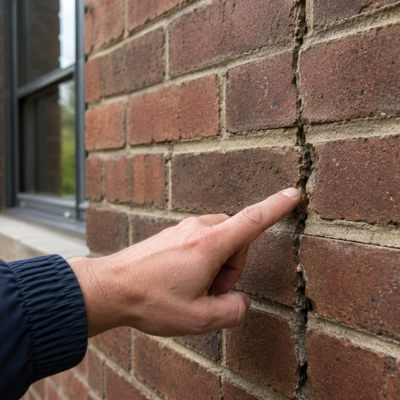 A person’s hand points at a deep vertical crack in the brick wall of a building near a window. The damage runs along the mortar between the bricks.