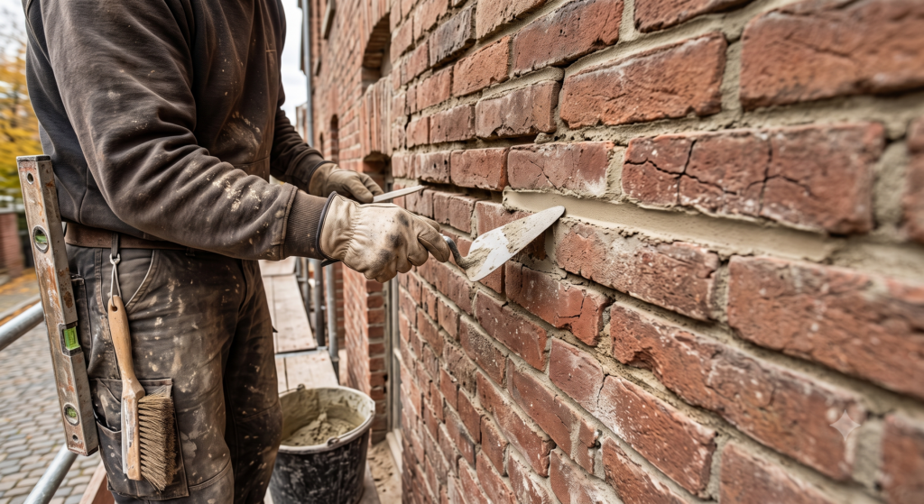 A construction worker in gloves uses a trowel to fill mortar between bricks on a brick wall. Tools hang from the worker’s belt, and a bucket of mortar sits nearby on scaffolding.