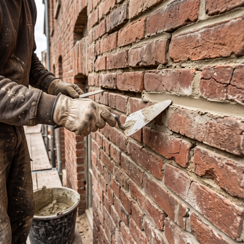 A construction worker in gloves uses a trowel to fill mortar between bricks on a brick wall. Tools hang from the worker’s belt, and a bucket of mortar sits nearby on scaffolding.