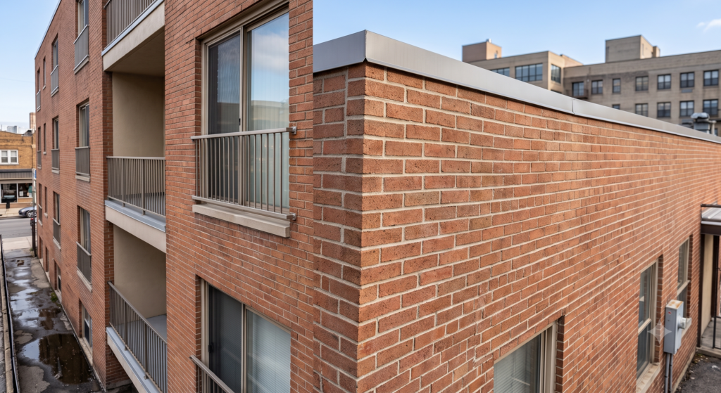 A corner view of a modern brick apartment building with balconies and metal railings on each floor, set against a clear blue sky. Nearby buildings are visible in the background.
