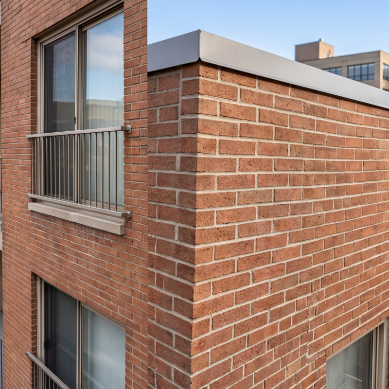 A corner view of a modern brick apartment building with balconies and metal railings on each floor, set against a clear blue sky. Nearby buildings are visible in the background.